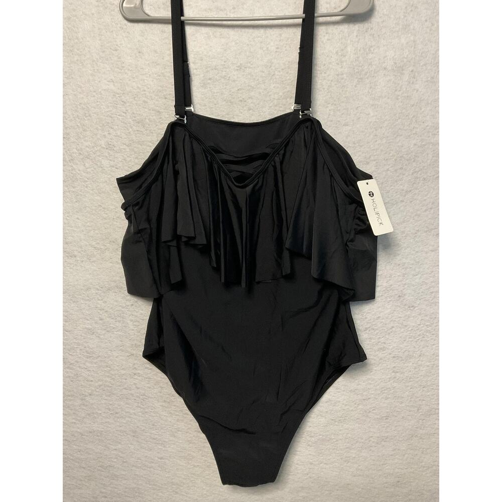 Holipick Swimsuit Womens 18W‎ Black Off Shoulder One Piece Ruffle Plus Size Swim